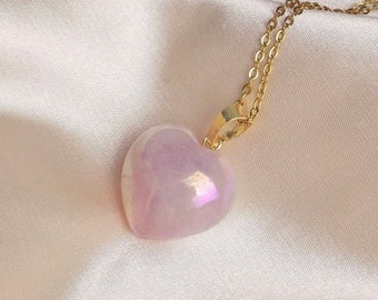 Rose Quartz Heart Pendant, Iridescent Aura Crystal Pendant, Gift Women, M7-09