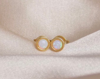 Small Opal Earrings Studs Gold, Tiny Gemstone Stud 4mm, October Birthstone Studs, Gift For Mom, M6-786