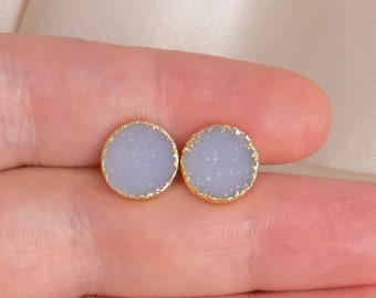 Real Druzy Gemstone Stud Earrings Gold, 10mm Raw Gemstone, Mothers Day Gift, M6-770