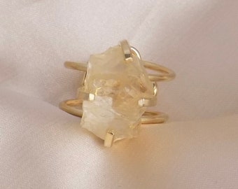 Raw Citrine Ring Gold - Raw Crystal Ring Adjustable Band - Birthday Gift For Her - G14-739