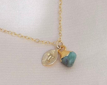 Tiny Raw Emerald Necklace, Personalized Green Emerald Gold, Gift For Her, M6-76