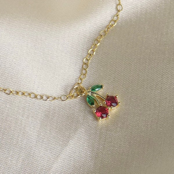 Tiny Cherry Necklace Gold, Small Zircon Red Cherry Charm Necklace, Dainty Gold Layer, 14K Gold Filled Chain, Gifts For Her, M6-32