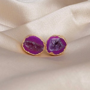 Pink Geode Stud Earrings, Natural Gemstone Studs Gold, Christmas Gift Women, G15-31