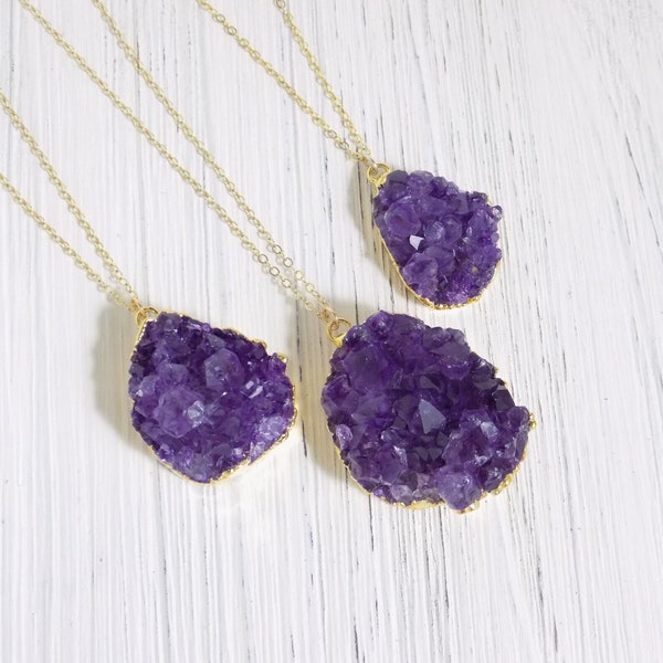 Raw Amethyst Necklace - Druzy Necklace Gold - Raw Stone Necklace - Christmas Gifts For Mom - R12-10