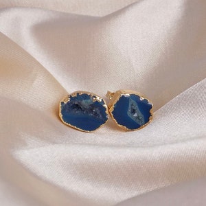 Teal Geode Stud Earrings, Natural Gemstone Studs Gold, Christmas Gift Women, G15-272