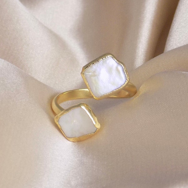 Mother Of Pearl Ring, White Pearl Ring Gold Plated, Dual Gemstone Ring Adjustable, Gift Women, M7-75