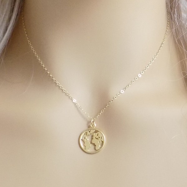 World Map Necklace - Gold Map Necklace - Gold Coin Necklace - Layering Necklace - 14K Gold Filled Chain - Globetrotter Necklace - Gift L1-06