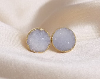 Real Druzy Earrings Stud, Genuine Druzy Posts Gold, 10mm Raw Gemstone, Christmas Gift Women, M7-299