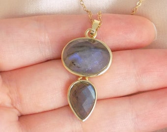 Labradorite Crystal Necklace with Blue Flash with 14K Gold Filled Chain, Christmas Gift For Mom, M7-300