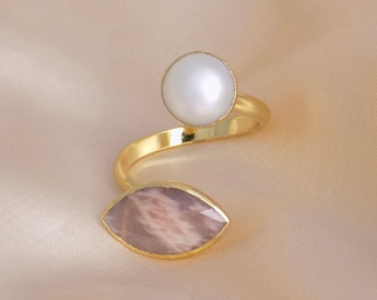 Pink Jasper Freshwater Pearl Dual Gemstone Adjustable Ring Gold Plated, M6-759