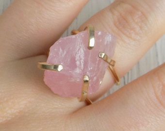 Light Pink Raw Rose Quartz Gemstone Ring Adjustable Gold Plated, G14-231