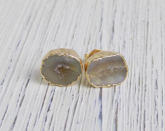 Raw Stone Earrings Stud - Geode Earrings - Gray Druzy Earrings - Bridesmaid Gift Women - G14-218