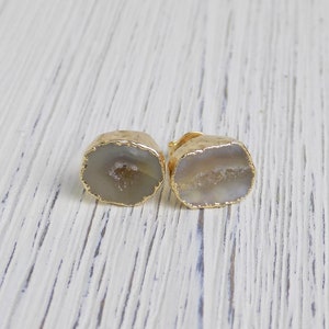 Raw Stone Earrings Stud - Geode Earrings - Gray Druzy Earrings - Bridesmaid Gift Women - G14-218