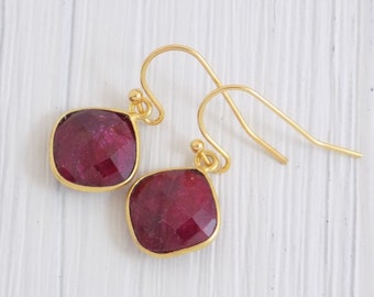 Cushion Cut Raw Ruby Drop Earrings Gold, July Birthstone, Dark Pink Gemstone, Gifts For Mom, M3-14