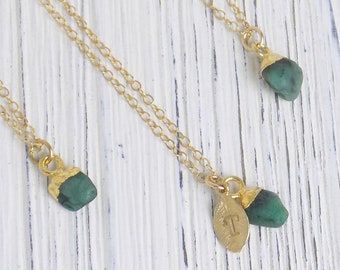 Green Emerald Necklace, Tiny Raw Emerald Necklace Personalized, 14K Gold Filled Chain, Genuine Emerald, Gift For Best Friend, M6-49