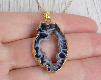 Large Statement Necklace, Gray Geode Necklace, Gold Druzy Pendant Necklace For Women, G13-440