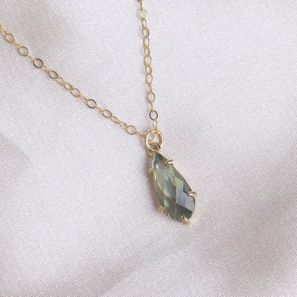Olive Green Crystal Necklace Gold - Minimalist Jewelry for Women - Christmas Gifts For Her, M4-47