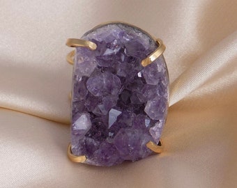 Large Raw Amethyst Druzy Ring Gold Adjustable, Boho Statement Crystal Jewelry, G14-809