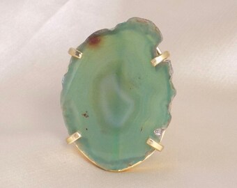 Boho Natural Gemstone Green Agate Slice Ring Gold Plated Adjustable Band, G14-724