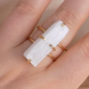 White Selenite Ring Gold, Raw Chakra Crystal Ring, Large Natural Gemstone Adjustable, Gift Women, G15-80