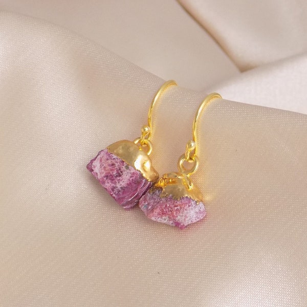 Pink Ruby Earrings Gold, Raw Ruby Gemstone Dangle Drop Earring, Christmas Gifts For Her, M7-196