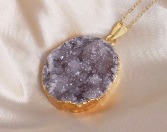 Unique Druzy Pendant Necklace Gold, Amethyst Necklaces, Christmas Gift Women, G14-832