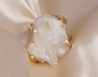 Boho Clear Crystal Quartz Ring Gold Adjustable - Large Raw Gemstone - Christmas Gifts For Her - G15-47