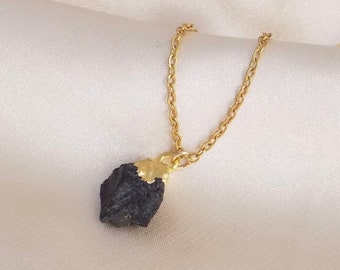 Small Raw Black Tourmaline Necklace on 18K Gold Stainless Steel Chain, M6-714