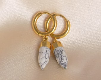 White Howlite Earrings Gold, Small Hoops Howlite Spike Crystal Point Drop, Gift For Girlfriend, M7-289