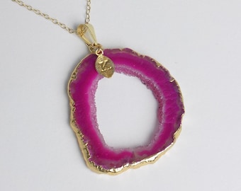 Custom Gift For Best Friend, Pink Druzy Necklace Gold Fill Chain, Personalized Geode Necklace Agate Pendant, Long Boho Slice, G14-836