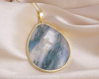 Large Moss Agate Pendant Necklace Gold - Green Crystal - Unique Christmas Gifts For Her - M6-732