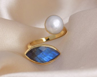 Labradorite and Freshwater Pearl Dual Stone Ring Gold Dipped Adjustable - Christmas Gift For Her - M7-135