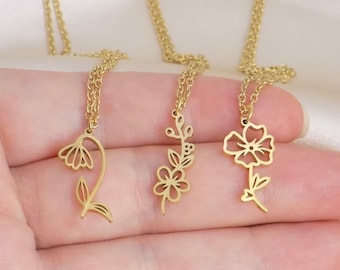Gold Birth Flower Necklace, Custom Birthflower Charm, Minimalist Gold Layer, Gifts For Mom, M6-129