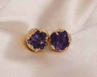 Purple Druzy Studs, Amethyst Druzy Earrings, Round Druzy Studs, Gemstone Earrings, Sparkly Druzy Studs, Drussy, Small Stone Posts, G15-284