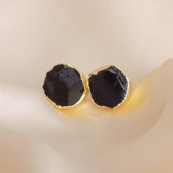 Raw Black Obsidian Stud Earrings, Rough Crystal Earrings Gold, Boho Gemstone, Gift Women, M7-221