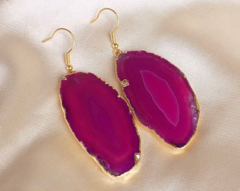 Unique Pink Agate Slice Earrings Gold, Geode Gemstone Earrings Dangle, Gifts For Her, G15-85