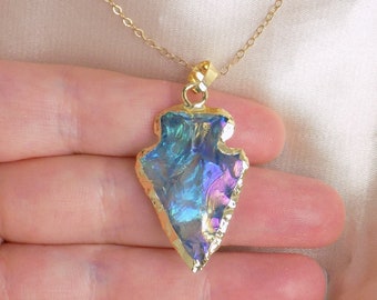 Turquoise Aura Quartz Arrowhead Necklace Gold, Unique Iridescent Crystal Jewelry Boho, Gift For Her, M7-142
