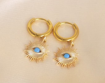 Unique Evil Eye Earrings, Gold Disc Earrings Protective Eye Turquoise, Gifts For Her, M7-288