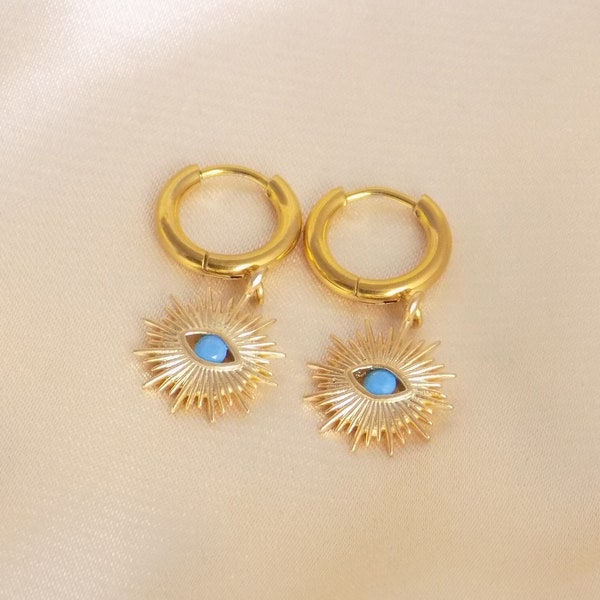 Unique Evil Eye Earrings, Gold Disc Earrings Protective Eye Turquoise, Gifts For Her, M7-288