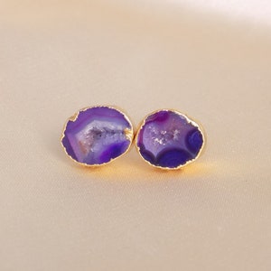 Purple Geode Earrings Studs Gold, Boho Crystal Stud Earring, Bridesmaid Gifts, Gift For Mom, G15-332