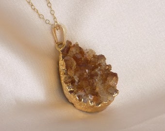 November Birthstone Jewelry - Raw Citrine Necklace Gold - Citrine Crystal Pendant - G15-323