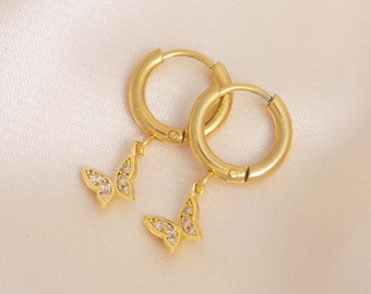 Unique Tiny Butterfly Earrings, Small Gold Hoops Cubic Zirconia, Gifts For Her, M7-290