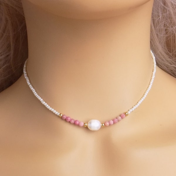 Dainty Pearl Choker Necklace Gold, Freshwater Pearl and Rhodochrosite Necklace, Christmas Gift For Her, M4-111