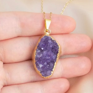 Christmas Gift, Raw Amethyst Necklace, Purple Druzy Pendant Gold, Raw Stone Crystal Necklaces For Women, Gifts For Mom, R14-37