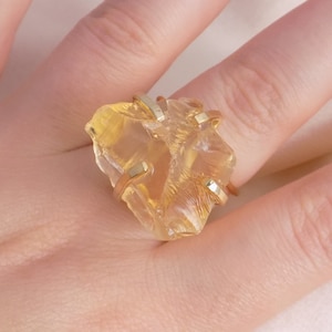 Yellow Gemstone Ring Adjustable, Raw Citrine Crystal Ring For Women, November Birthstone, G15-230