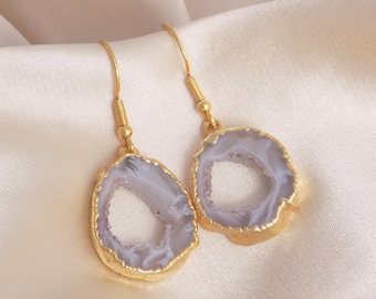 Unique Boho Earrings, Natural Geode Earrings Gold, Gift Women, G15-232