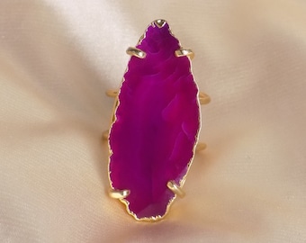 Bohemian Pink Agate Ring Gold - Geode Slice Statement Ring - Gemstone Crystal Jewelry - G15-336