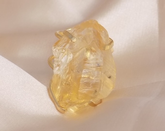 Large Citrine Ring - Raw Natural Citrine Ring Gold Plated Adjustable Band - Genuine Citrine Crystal - G15-275