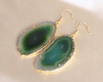 Sliced Agate Earrings, Green Dangle Drop Earrings Large Gemstone, Pierced or Clip-on, Gift For Her, G15-152