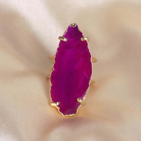 Bohemian Pink Agate Ring Gold - Geode Slice Statement Ring - Gemstone Crystal Jewelry - G15-336